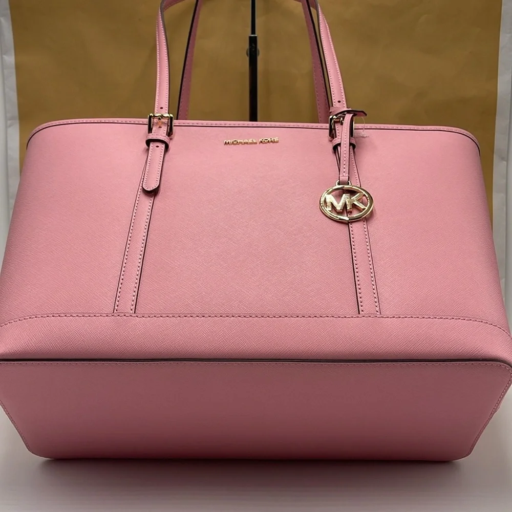 MICHAEL KORS Jet Set Travel Lg Top Zip Shoulder Tote Saffiano Leather Carnation